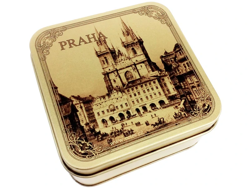 Plechová dóza Praha litografie čtverec Týnský chrám