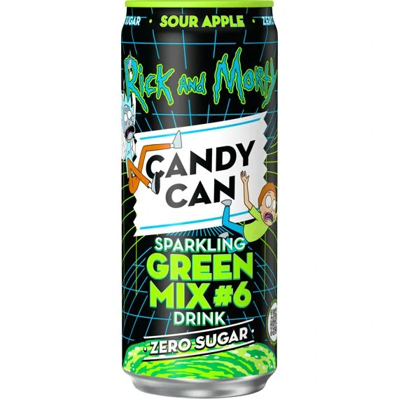 Candy Can sycená limonáda bez cukru s příchutí jablka 330 ml Rick a Morty