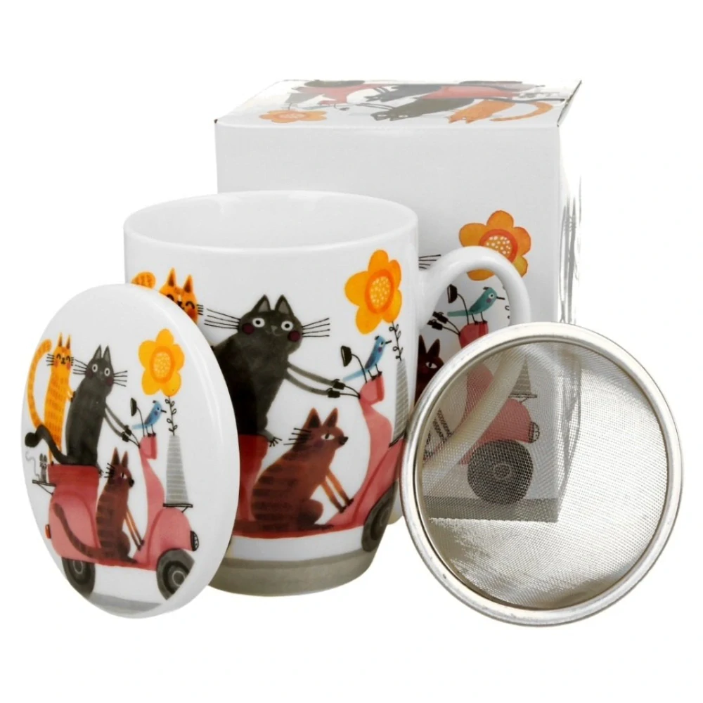 Hrnek bylinkový se sítkem Kočky na skůtru 0,36l porcelán
