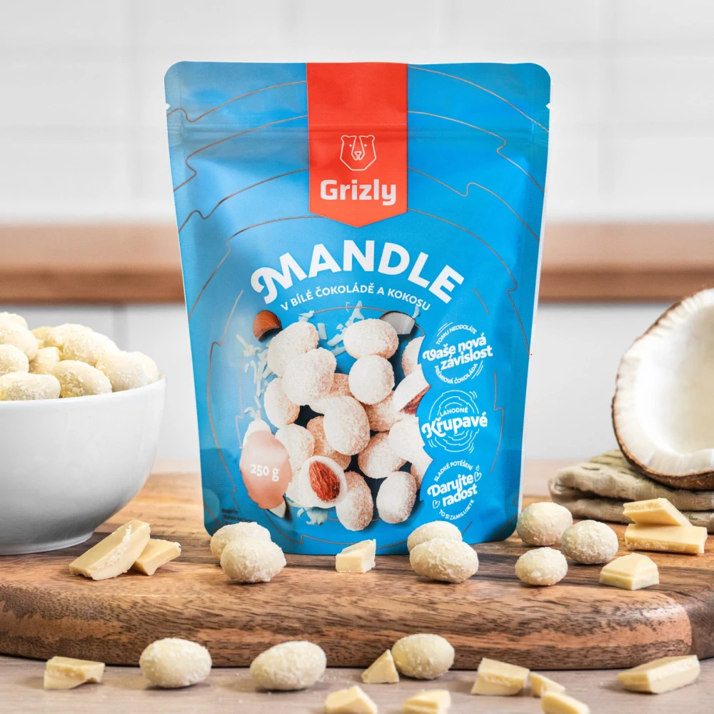 Grizly Mandle v bílé čokoládě s kokosem 250g