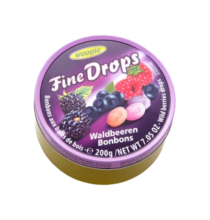 Woogie Fine Drops  Bonbónky s příchutí lesní ovoce v plechové dóze 200g