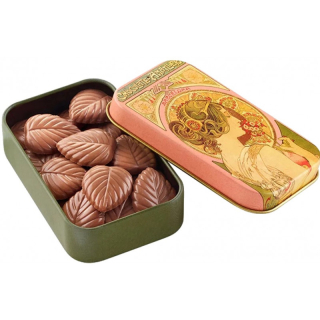 Čokoládové lístky v plechové dóze Mucha 30g mléčná čokoláda