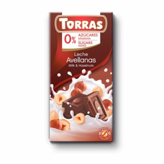 Torras Mléčná čokoláda bez cukru s lískovými oříšky 75g