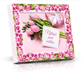 Nejlepší paní učitelce Plněné čokoládové lodičky s ořechy 125g růžové tulipány