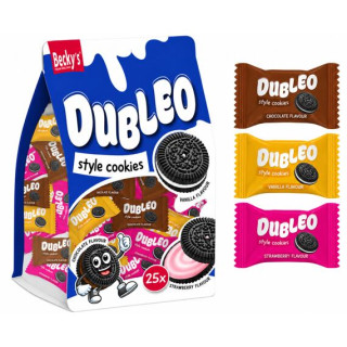 Becky's Dubleo Style sušenky s náplní s příchutí čokolády, jahody a vanilky 118 g